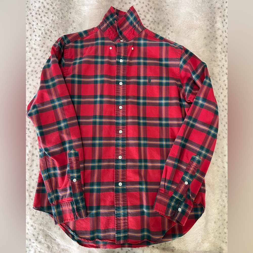 Polo Ralph Lauren Men’s Medium, red and green plaid, long sleeve button down.
